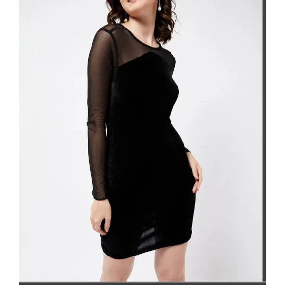 BCBGENERATION Black Velvet & Sheer Illusion Neckline Dress Keyhole Back Size M - Picture 1 of 6